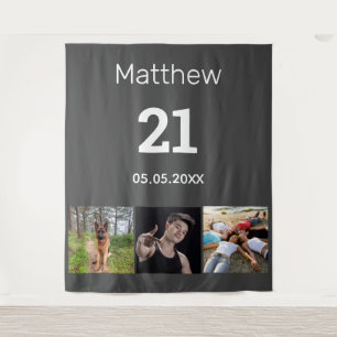 21st birthday custom photo monogram guy grey tapestry