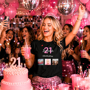 21st birthday custom photo pink monogram woman T-Shirt