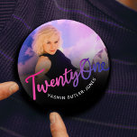 21st Birthday custom photo purple pink black 1 Inch Round Button<br><div class="desc">Twenty one purple through to pink script text photo party pin button badge. Personalize this 21st birthday party script photo birthday button with your own birthday girls name and a photo of your birthday girl. Other years and matching items are available and can be created by request. © Original design...</div>