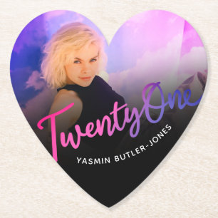 21st Birthday custom photo purple pink black Paper Coaster