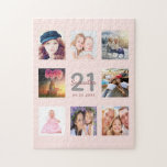 21st birthday custom photo rose gold blush pink jigsaw puzzle<br><div class="desc">A unique 21st birthday gift or keepsake, celebrating her life with a collage of 8 of your photos. Add images of her family, friends, pets, hobbies or dream travel destination. Personalize and add a name, age 21 and a date. Grey and dark rose gold coloured letters. Elegant and trendy blush...</div>