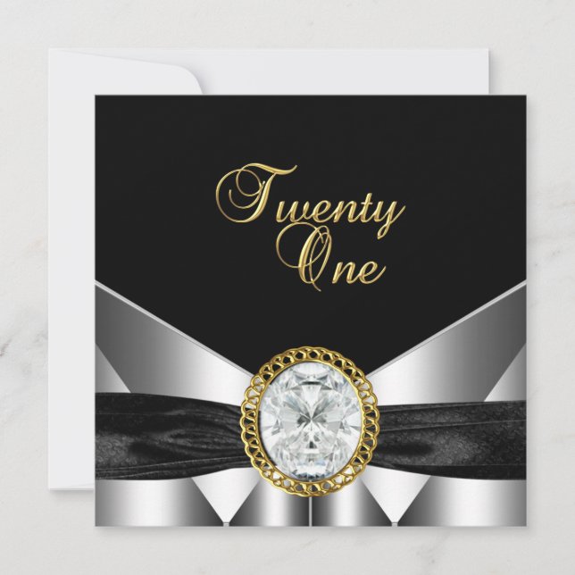 21st Birthday Diamond Jewel Black Silver Gold Invitation (Front)