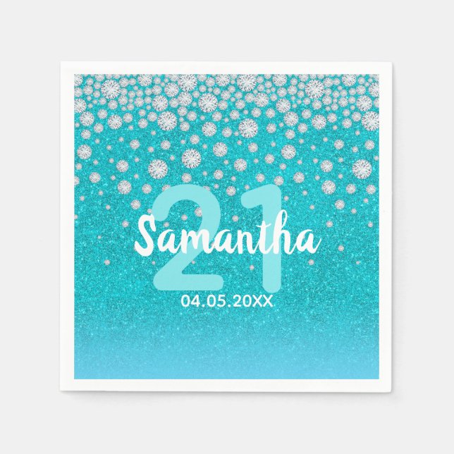 21st birthday diamonds glitter teal blue green napkin (Front)