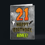 21st Birthday: Eerie Halloween Theme   Custom Name Card<br><div class="desc">The front of this scary and spooky Halloween themed birthday greeting card design features a large number “21”. It also features the message “HAPPY BIRTHDAY, ”, and a custom name. There are also depictions of a ghost and a bat on the front. The inside features a personalized birthday greeting message,...</div>