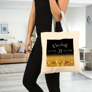 21st birthday elegant gold bow with sparkle black tote bag