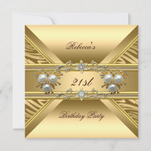 21st  Birthday Elegant Zebra Gold Pearl Jewels Invitation
