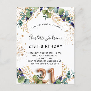 21st birthday eucalyptus greenery glitter elegant invitation postcard