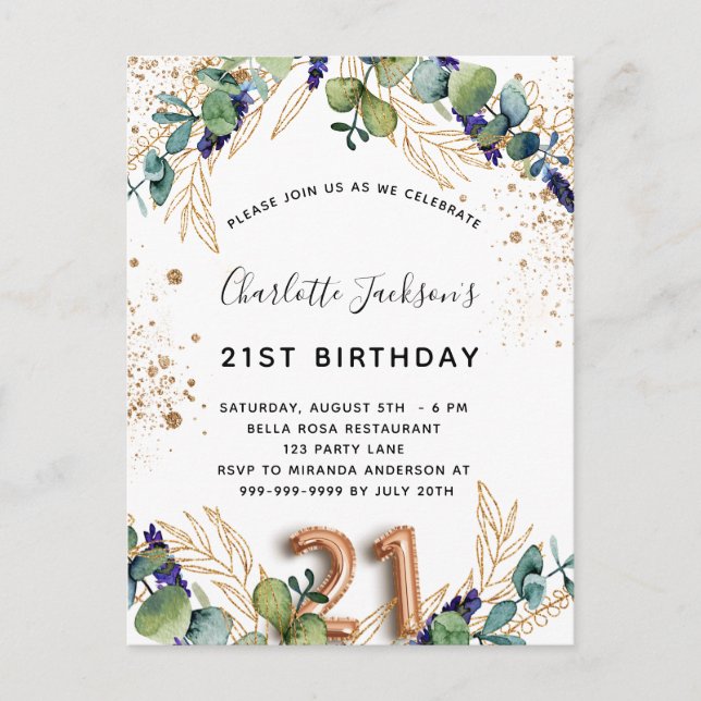21st birthday eucalyptus greenery glitter elegant invitation postcard (Front)