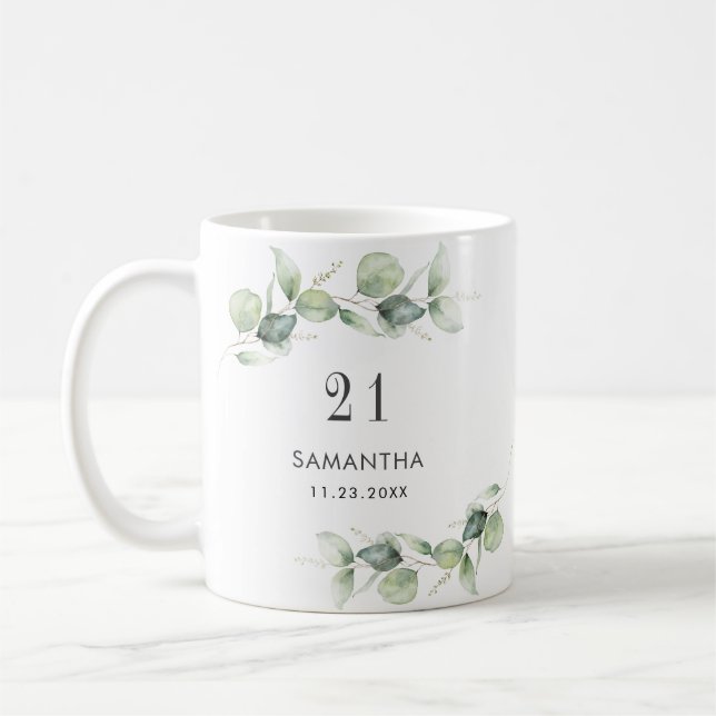 21st Birthday Eucalyptus Greenery Monogram Coffee Mug (Left)
