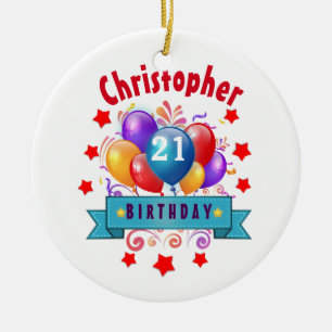 21st Birthday Festive Colourful Balloons C01AZ Ceramic Ornament