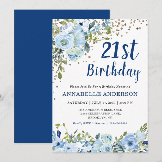 21st Birthday Floral Navy Blue Gold Glitter Dots Invitation (Front/Back)