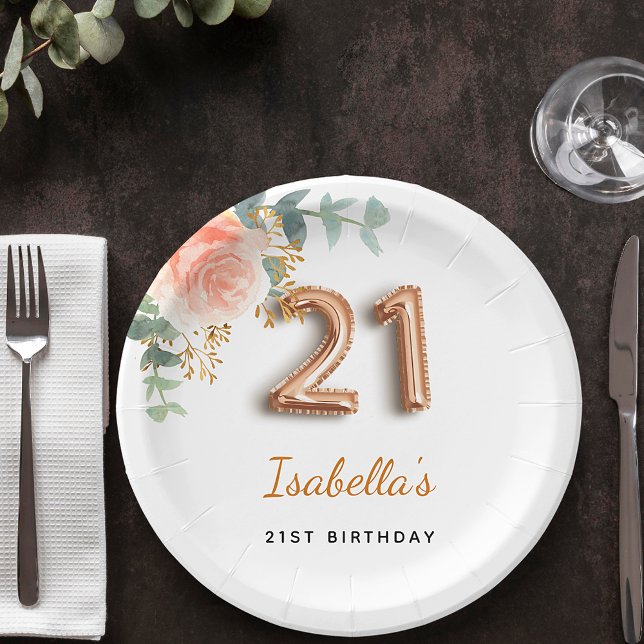 21st birthday floral rose gold eucalyptus monogram paper plate (Creator Uploaded)