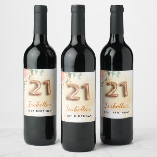 21st birthday floral rose gold eucalyptus monogram wine label