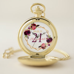 21st birthday florals white geometric burgundy pocket watch