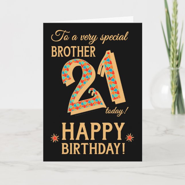 21st Birthday, for Brother, Gold Effect on Black Card (Front)