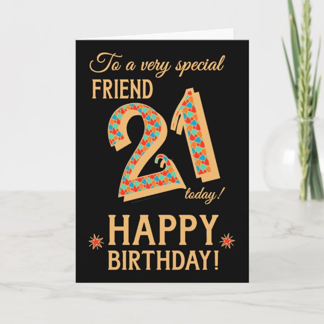 21st Birthday, for Friend, Gold Effect on Black Card (Front)