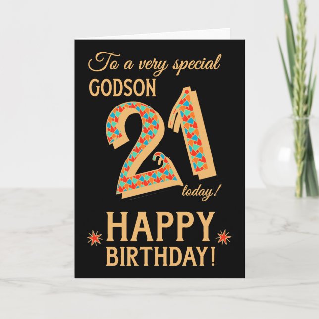 21st Birthday, for Godson, Gold Effect on Black Card (Front)