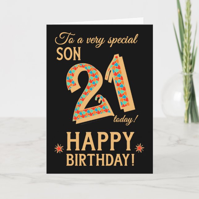 21st Birthday, for Son, Gold Effect on Black Card (Front)