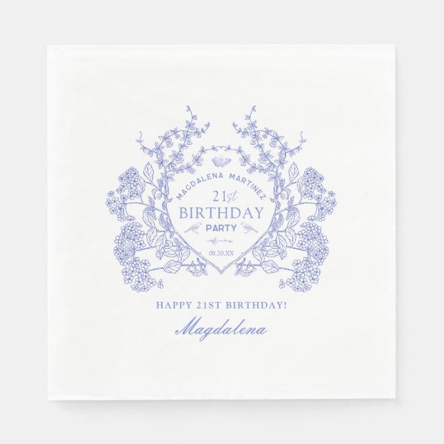 21st Birthday French Blue Floral Crest Custom Napkin (Front)