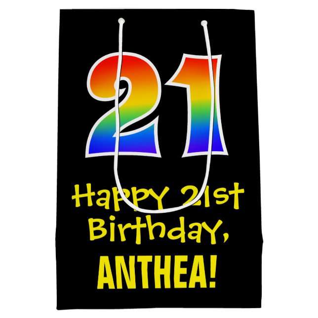 21st Birthday: Fun, Bold, Colourful, Rainbow "21" Medium Gift Bag (Back)