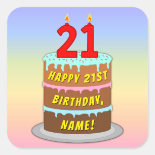 21st Birthday: Fun Cake and Candles + Custom Name Square Sticker