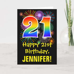 21st Birthday: Fun Fireworks Pattern + Rainbow 21 Card