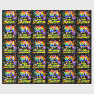21st Birthday: Fun Fireworks, Rainbow Look # “21” Wrapping Paper