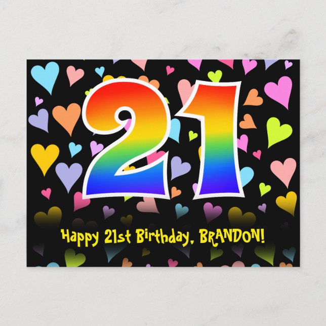 21st Birthday: Fun Hearts Pattern, Rainbow 21 Postcard (Front)