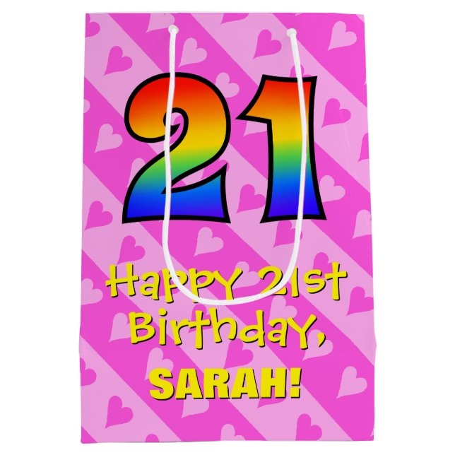 21st Birthday: Fun Pink Hearts Stripes; Rainbow 21 Medium Gift Bag (Back)
