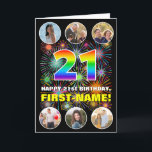 21st Birthday: Fun Rainbow #, Custom Name & Photos Card<br><div class="desc">The front of this exciting and bold birthday greeting card design features a big number “21“ with a colourful rainbow spectrum inspired gradient pattern, along with the message “HAPPY 21st BIRTHDAY, ” and a custom name, on a multicolored bursting fireworks inspired pattern. Near the top and the bottom of the...</div>