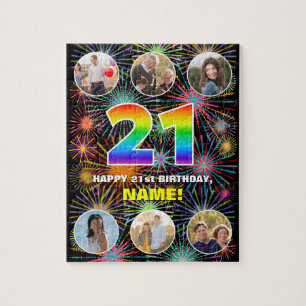 21st Birthday: Fun Rainbow #, Custom Name + Photos Jigsaw Puzzle