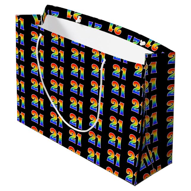 21st Birthday: Fun Rainbow Event Number 21 Pattern Large Gift Bag (Back Angled)