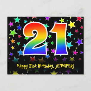21st Birthday: Fun Stars Pattern, Rainbow 21, Name Postcard