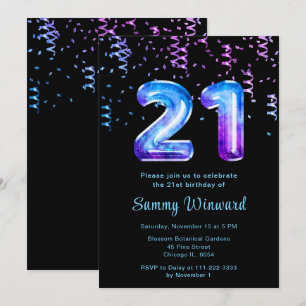 21st Birthday Galaxy Balloons with Confetti Invitation