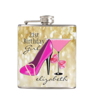 21st Birthday Girl Gold Glitter Girly Chic Hip Flask