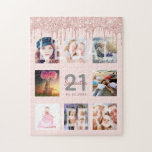 21st birthday glitter drips photo rose gold pink jigsaw puzzle<br><div class="desc">A glamourous and unique 21st birthday gift or keepsake, celebrating her life with a collage of 8 of your photos. Personalize and add a name, age 21 and a date. Grey and dark rose gold coloured letters. Elegant and trendy blush pink background colour. Decorated with rose gold coloured faux glitter...</div>