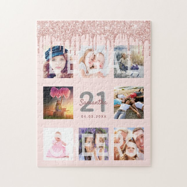 21st birthday glitter drips photo rose gold pink jigsaw puzzle (Vertical)