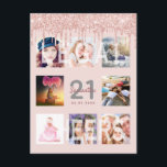 21st birthday glitter photo rose gold invitation postcard<br><div class="desc">An invitation for a fun, glamourous and unique 21st birthday party, celebrating her life with a collage of 8 of your photos. On front: Personalize and add a name, age 21 and the party date. Grey and dark rose gold coloured letters. Elegant and trendy blush pink background colour. Decorated with...</div>