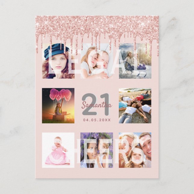 21st birthday glitter photo rose gold invitation postcard (Front)