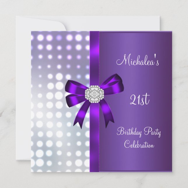 21st Birthday Glitter Purple Diamond Bow Invitation (Front)