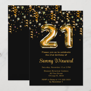 21st Birthday Gold Balloons Snowflake Confetti Invitation