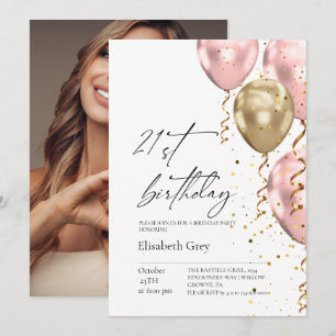 21st Birthday Gold Blush Pink Balloons Modern Invitation