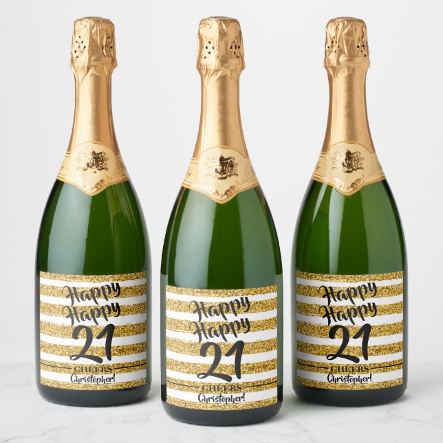21st Birthday Gold Faux Glitter Stripes Custom Sparkling Wine Label (Bottles)
