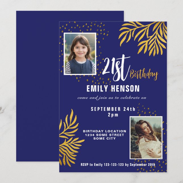 21st Birthday Gold Foliage 2 Photo Party Invitation (Front/Back)