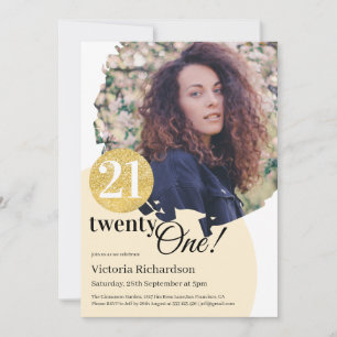 21st Birthday Gold Glitter Modern Custom Photo Invitation