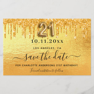 21st birthday gold glitter save the date card