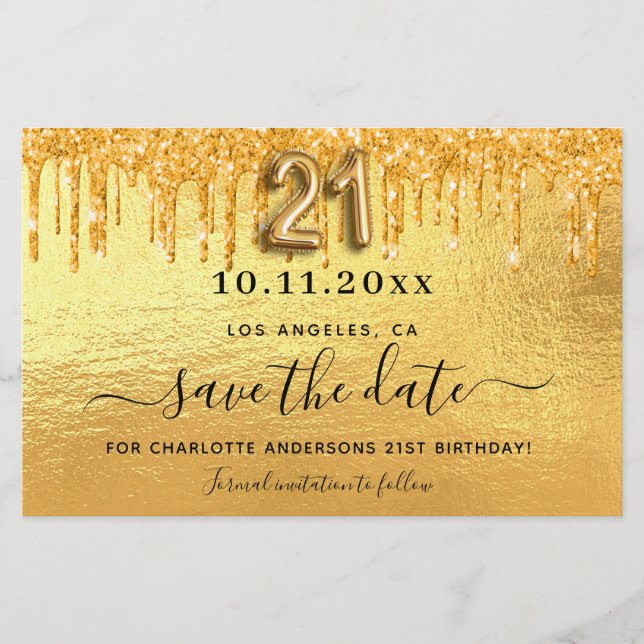 21st birthday gold glitter save the date card (Front)