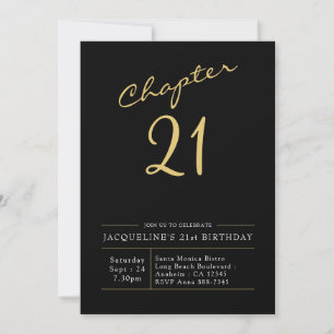 21st Birthday Gold Modern Script Black Invitation