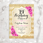 21st Birthday - Gold Stripes Pink Roses Invitation<br><div class="desc">21st Birthday Invitation. Elegant design in gold and pink. Features faux glitter gold stripes,  pink roses stylish script font and confetti. Perfect for a glam birthday party.</div>
