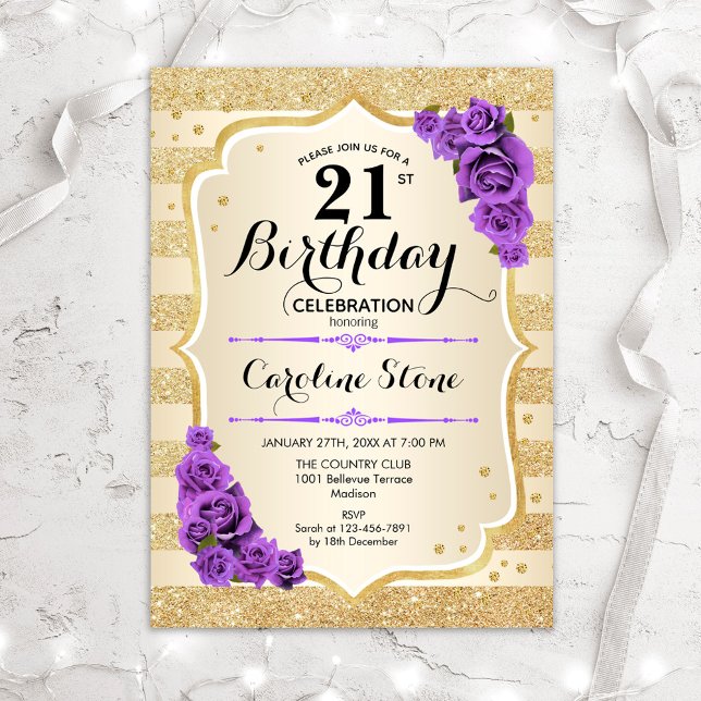21st Birthday - Gold Stripes Purple Roses Invitation (Creator Uploaded)